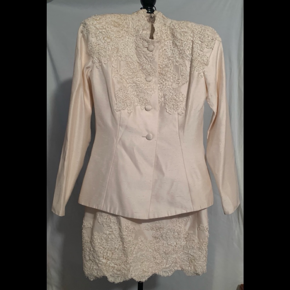 Cream Jacket & Skirt Combo w/ Beaded Lace Accents